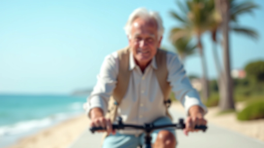 Persona mayor en bicicleta pedaleando por el malecón con vistas al mar y palmeras